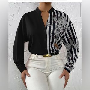 Floral And Striped Print Notched Neck Shirt